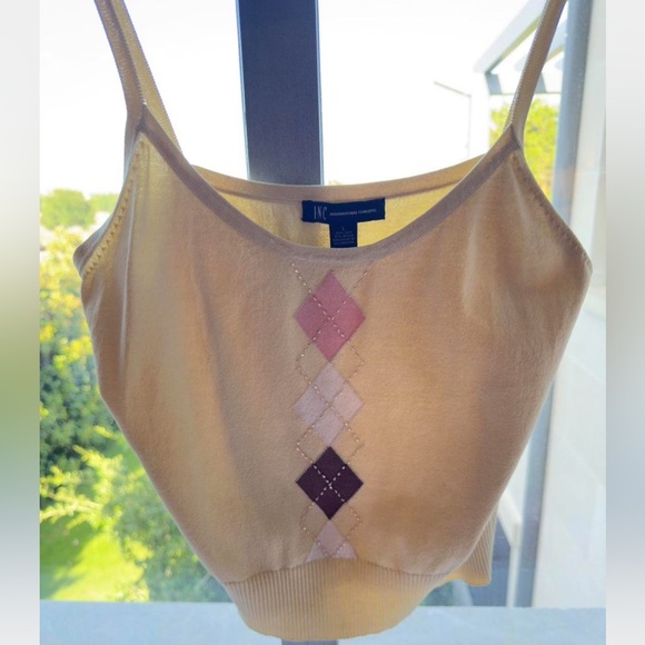 Moda International Tops - Vintage INC Butter Yellow Silk Argyle Sweater Tank